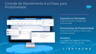 Console de Atendimento é a Chave para
Produtividade
Experiência Otimizada
Novo framework e design para
produtividade
Ferramentas de Produtividade
Casos recomendados e macros para
respostas rápidas
Analytics
Veja dados de qualquer fonte para
tomar decisões mais rápidas
 