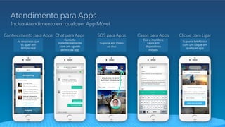 Atendimento para Apps
Inclua Atendimento em qualquer App Móvel
As respostas que
Vc quer em
tempo-real
Conecte
instantaneamente
com um agente
dentro da app
Suporte em Vídeo
ao vivo
Crie e monitore
casos em
dispositivos
móveis
Suporte telefônico
com um clique em
qualquer app
Chat para Apps SOS para Apps Casos para Apps Clique para LigarConhecimento para Apps
 