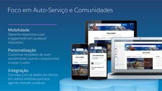 Foco em Auto-Serviço e Comunidades
Mobilidade
Desenho responsivo para
engajamento em qualquer
dispositivo
Personalização
Customize templates de auto-
atendimento usando componentes
arrastar e soltar
Integração
Conexão com os dados de clientes
em outros sistemas para que
agentes tenham contexto
 