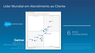 This graphic was published by Gartner, Inc. as part of a larger research document and should be evaluated in
the context of the entire document. The Gartner document is available upon request from Salesforce.
Gartner does not endorse any vendor, product or service depicted in its research publications, and does not
advise technology users to select only those vendors with the highest ratings or other designation. Gartner
research publications consist of the opinions of Gartner's research organization and should not be construed
as statements of fact. Gartner disclaims all warranties, expressed or implied, with respect to this research,
including any warranties of merchantability or ﬁtness for a particular purpose.
Magic Quadrant for
CRM Customer Engagement Center
April 27th, 2015
Analyst: Michael Maoz, Jim Davies
Anos
Consecutivos6
Líder Mundial em Atendimento ao Cliente
 
