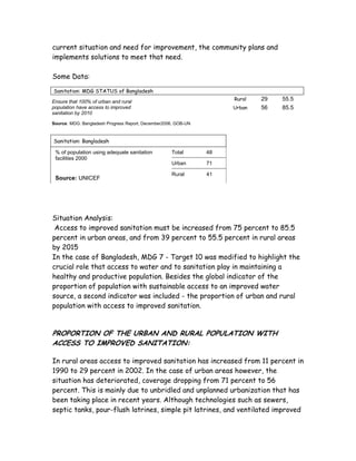 current situation and need for improvement, the community plans and
implements solutions to meet that need.

Some Data:

Sanitation: MDG STATUS of Bangladesh
                                                                     Rural   29   55.5
Ensure that 100% of urban and rural
population have access to improved                                   Urban   56   85.5
sanitation by 2010

Source: MDG: Bangladesh Progress Report, December2006, GOB-UN



Sanitation: Bangladesh

 % of population using adequate sanitation          Total       48
 facilities 2000
                                                    Urban       71

                                                    Rural       41
 Source: UNICEF




Situation Analysis:
 Access to improved sanitation must be increased from 75 percent to 85.5
percent in urban areas, and from 39 percent to 55.5 percent in rural areas
by 2015
In the case of Bangladesh, MDG 7 - Target 10 was modified to highlight the
crucial role that access to water and to sanitation play in maintaining a
healthy and productive population. Besides the global indicator of the
proportion of population with sustainable access to an improved water
source, a second indicator was included - the proportion of urban and rural
population with access to improved sanitation.


PROPORTION OF THE URBAN AND RURAL POPULATION WITH
ACCESS TO IMPROVED SANITATION:

In rural areas access to improved sanitation has increased from 11 percent in
1990 to 29 percent in 2002. In the case of urban areas however, the
situation has deteriorated, coverage dropping from 71 percent to 56
percent. This is mainly due to unbridled and unplanned urbanization that has
been taking place in recent years. Although technologies such as sewers,
septic tanks, pour-flush latrines, simple pit latrines, and ventilated improved
 