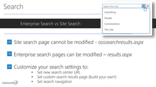 Search
Enterprise Search vs Site Search
Site search page cannot be modified - osssearchresults.aspx
Enterprise search pages can be modified – results.aspx
Customize your search settings to:
• Set new search center URL
• Set custom search results page (build your own!)
• Set search navigation
 