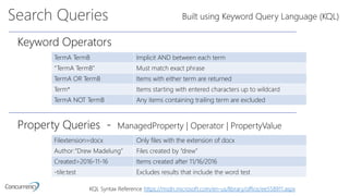 Search Queries
Keyword Operators
TermA TermB Implicit AND between each term
“TermA TermB” Must match exact phrase
TermA OR TermB Items with either term are returned
Term* Items starting with entered characters up to wildcard
TermA NOT TermB Any items containing trailing term are excluded
Built using Keyword Query Language (KQL)
Property Queries - ManagedProperty | Operator | PropertyValue
Filextension=docx Only files with the extension of docx
Author:”Drew Madelung” Files created by “drew”
Created>2016-11-16 Items created after 11/16/2016
-tile:test Excludes results that include the word test
KQL Syntax Reference https://msdn.microsoft.com/en-us/library/office/ee558911.aspx
 