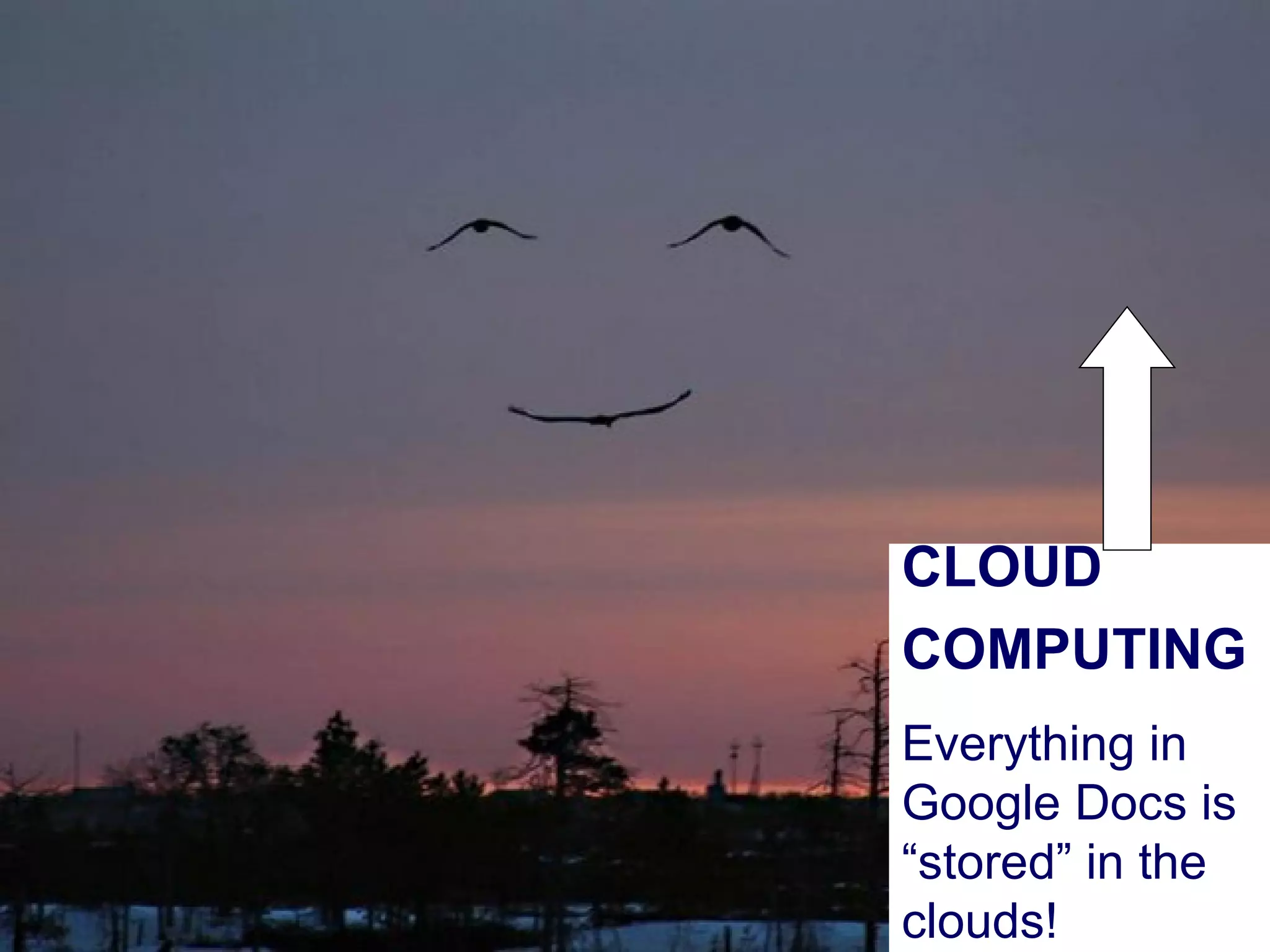 CLOUD COMPUTING Everything in Google Docs is “stored” in the clouds! 