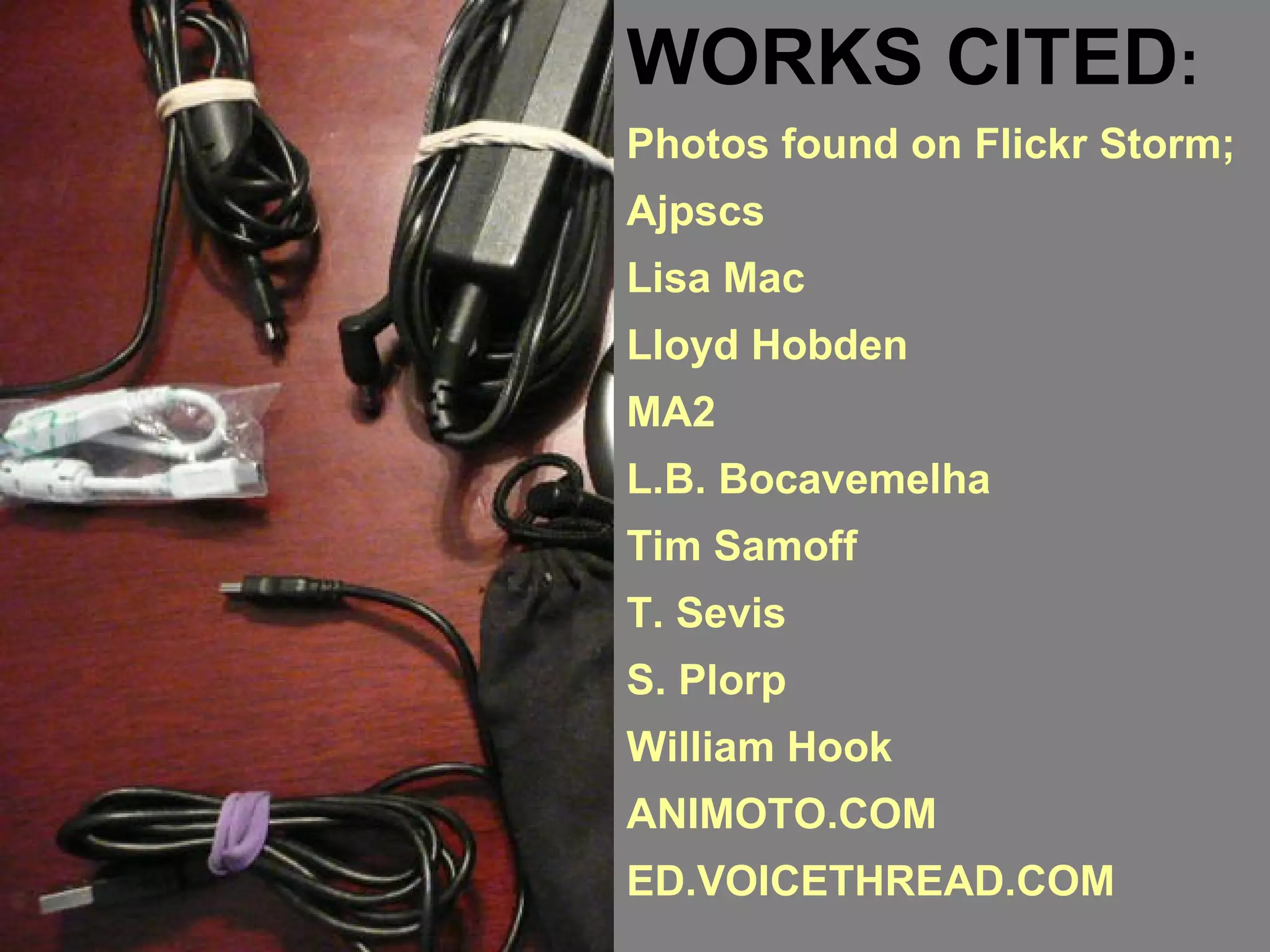 WORKS CITED : Photos found on Flickr Storm; Ajpscs Lisa Mac Lloyd Hobden MA2 L.B. Bocavemelha Tim Samoff T. Sevis S. Plorp William Hook ANIMOTO.COM ED.VOICETHREAD.COM 