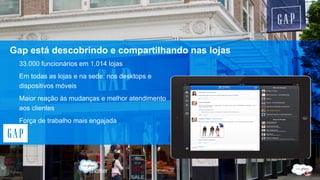 Gap está descobrindo e compartilhando nas lojas 
33.000 funcionários em 1.014 lojas 
Em todas as lojas e na sede, nos desktops e 
dispositivos móveis 
Maior reação às mudanças e melhor atendimento 
aos clientes 
Força de trabalho mais engajada 
 