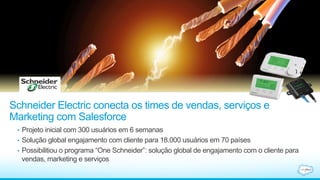 Schneider Electric conecta os times de vendas, serviços e 
Marketing com Salesforce 
• Projeto inicial com 300 usuários em 6 semanas 
• Solução global engajamento com cliente para 18.000 usuários em 70 países 
• Possibilitiou o programa “One Schneider”: solução global de engajamento com o cliente para 
vendas, marketing e serviços 
 