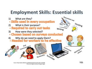 1) What are they?
2) What is their purpose?
3) How were they selected?
4) Why do we need to apply them?
Source: https://www.slideshare.net/RitaProkopetz/essential-skills-33169380
Photo and images courtesy of Google images
Y06
 