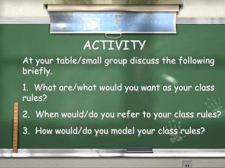 ACTIVITY
At your table/small group discuss the following
briefly.
1. What are/what would you want as your class
rules?
2. When would/do you refer to your class rules?
3. How would/do you model your class rules?
 