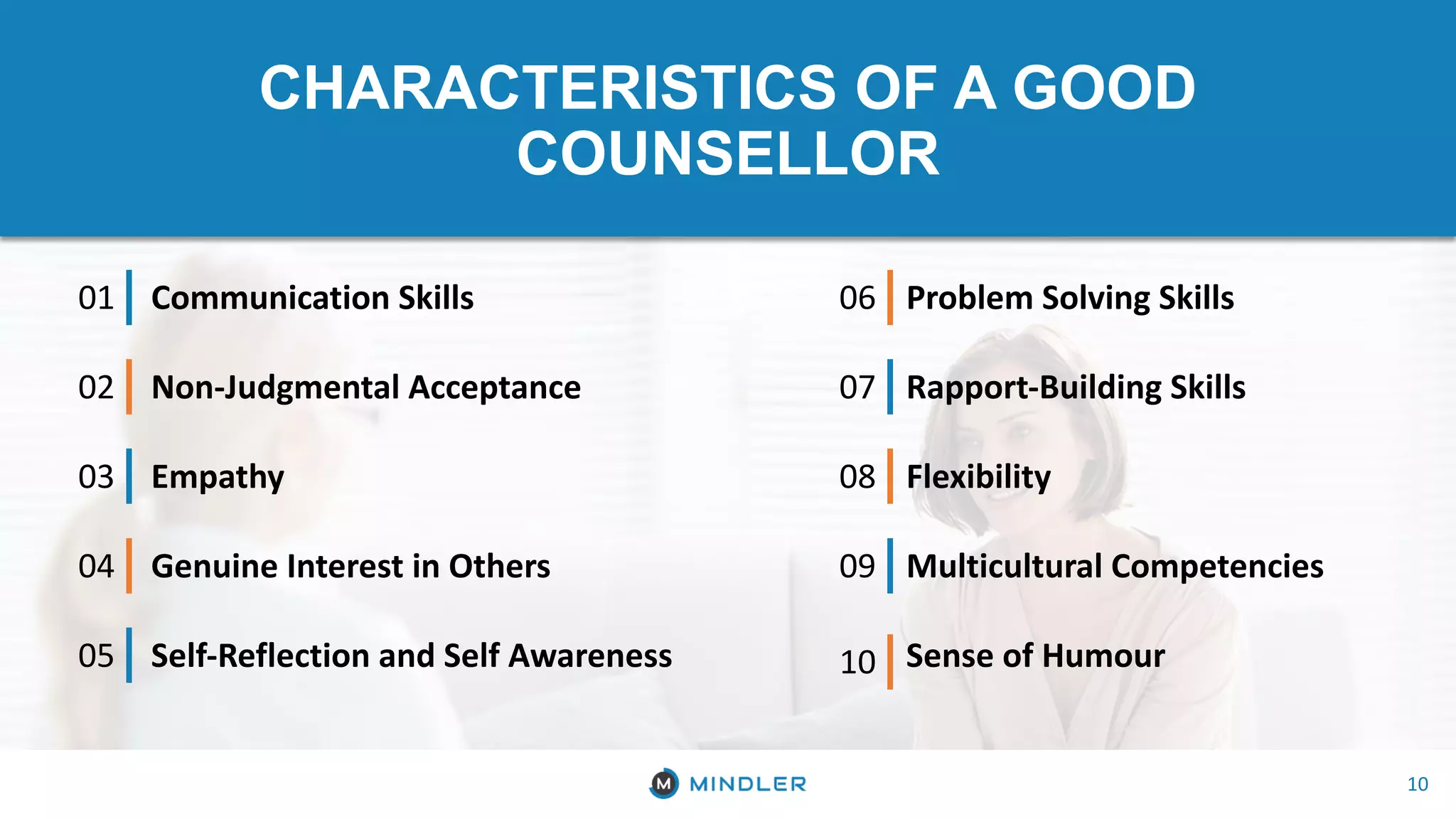 10
Communication Skills01
Non-Judgmental Acceptance02
Empathy03
Genuine Interest in Others04
Self-Reflection and Self Awareness05
Problem Solving Skills06
Rapport-Building Skills07
Flexibility08
Multicultural Competencies09
Sense of Humour10
CHARACTERISTICS OF A GOOD
COUNSELLOR
 