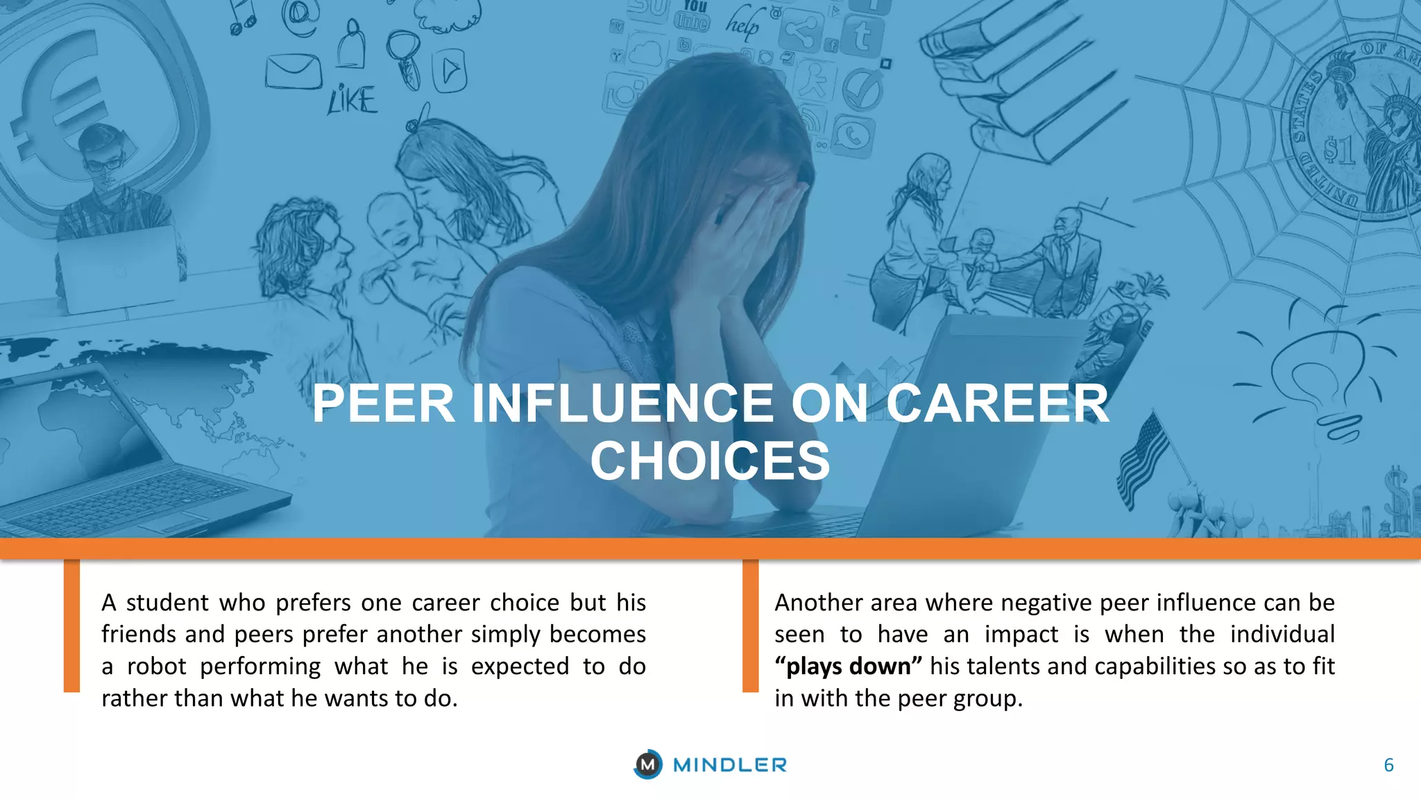 6
PEER INFLUENCE ON CAREER
CHOICES
Another area where negative peer influence can be
seen to have an impact is when the individual
“plays down” his talents and capabilities so as to fit
in with the peer group.
A student who prefers one career choice but his
friends and peers prefer another simply becomes
a robot performing what he is expected to do
rather than what he wants to do.
 