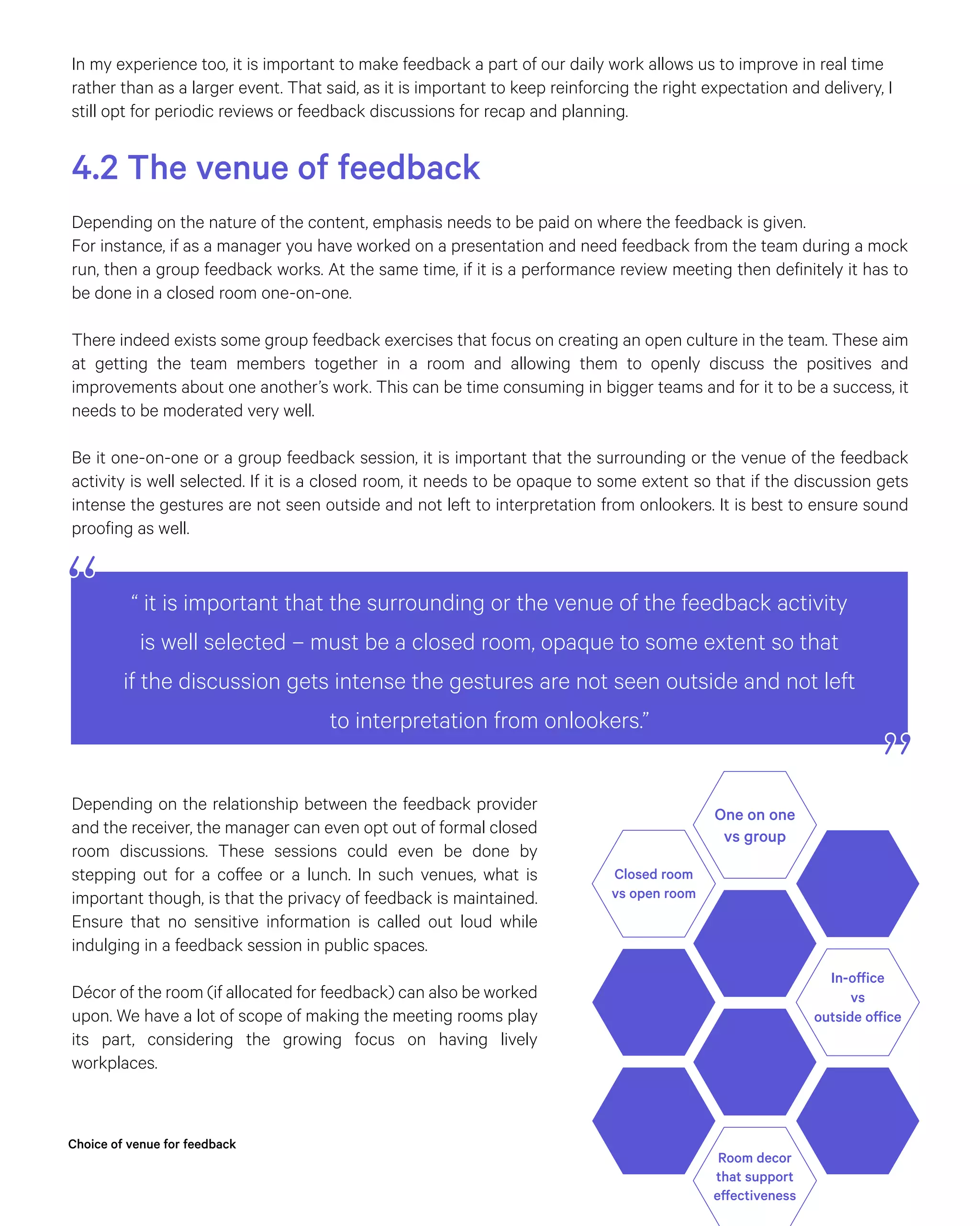 4.2 The venue of feedback
In my experience too, it is important to make feedback a part of our daily work allows us to improve in real time
rather than as a larger event. That said, as it is important to keep reinforcing the right expectation and delivery, I
still opt for periodic reviews or feedback discussions for recap and planning.
Depending on the nature of the content, emphasis needs to be paid on where the feedback is given.
For instance, if as a manager you have worked on a presentation and need feedback from the team during a mock
run, then a group feedback works. At the same time, if it is a performance review meeting then definitely it has to
be done in a closed room one-on-one.
There indeed exists some group feedback exercises that focus on creating an open culture in the team. These aim
at getting the team members together in a room and allowing them to openly discuss the positives and
improvements about one another’s work. This can be time consuming in bigger teams and for it to be a success, it
needs to be moderated very well.
Be it one-on-one or a group feedback session, it is important that the surrounding or the venue of the feedback
activity is well selected. If it is a closed room, it needs to be opaque to some extent so that if the discussion gets
intense the gestures are not seen outside and not left to interpretation from onlookers. It is best to ensure sound
proofing as well.
Depending on the relationship between the feedback provider
and the receiver, the manager can even opt out of formal closed
room discussions. These sessions could even be done by
stepping out for a coffee or a lunch. In such venues, what is
important though, is that the privacy of feedback is maintained.
Ensure that no sensitive information is called out loud while
indulging in a feedback session in public spaces.
Décor of the room (if allocated for feedback) can also be worked
upon. We have a lot of scope of making the meeting rooms play
its part, considering the growing focus on having lively
workplaces.
“ it is important that the surrounding or the venue of the feedback activity
is well selected – must be a closed room, opaque to some extent so that
if the discussion gets intense the gestures are not seen outside and not left
to interpretation from onlookers.”
Choice of venue for feedback
One on one
vs group
Closed room
vs open room
In-office
vs
outside office
Room decor
that support
effectiveness
 
