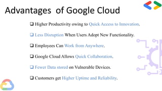Advantages of Google Cloud
 Higher Productivity owing to Quick Access to Innovation.
 Less Disruption When Users Adopt New Functionality.
 Employees Can Work from Anywhere.
 Google Cloud Allows Quick Collaboration.
 Fewer Data stored on Vulnerable Devices.
 Customers get Higher Uptime and Reliability.
 