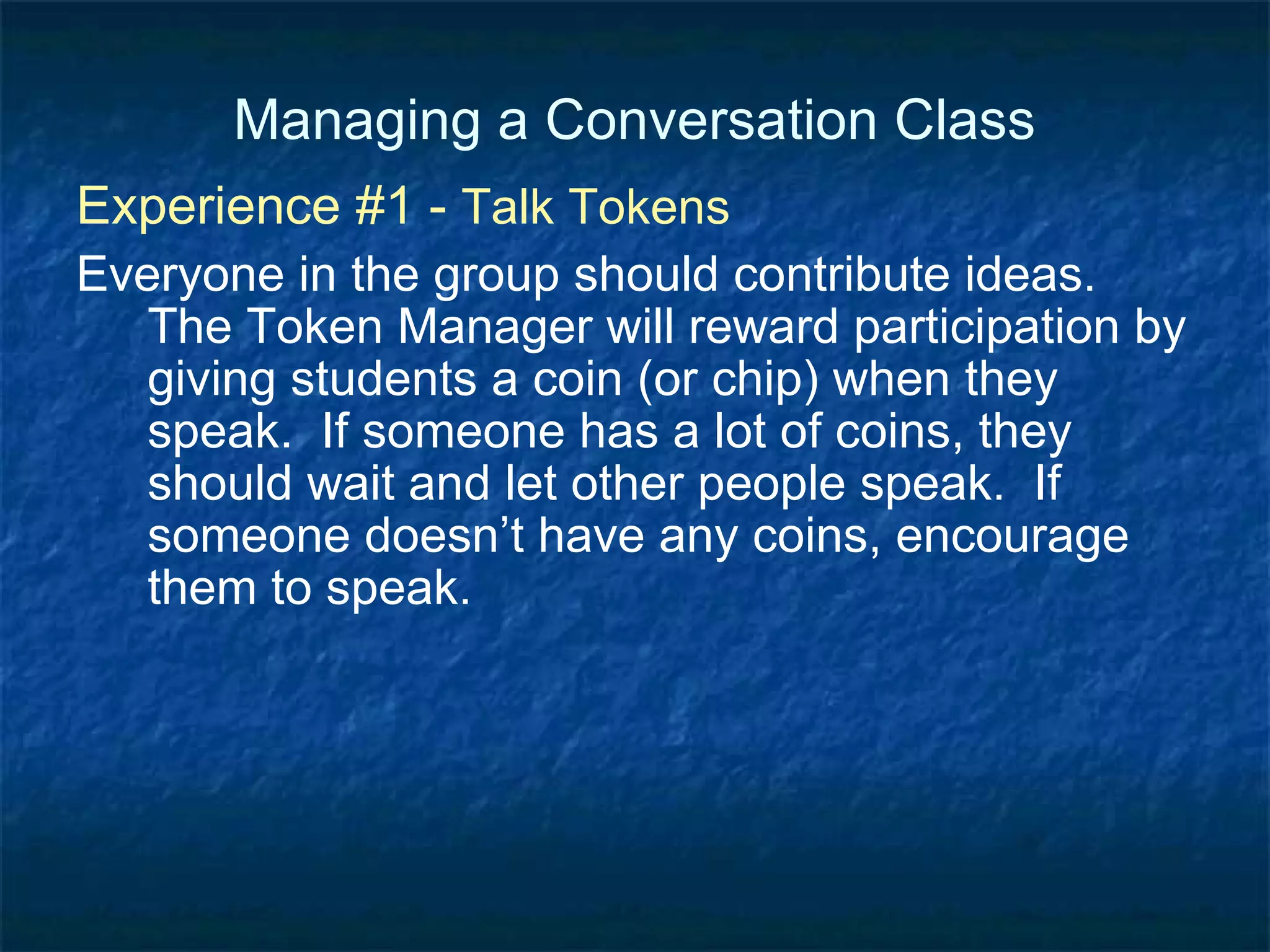 Managing a Conversation Class Experience #1 Discuss: What problems with conversation do my Ss have?  What keeps them from being able to converse well in English?  What are some  linguistic  problems?  What are some problems based on  culture ? What are some problems due to  personality ?  