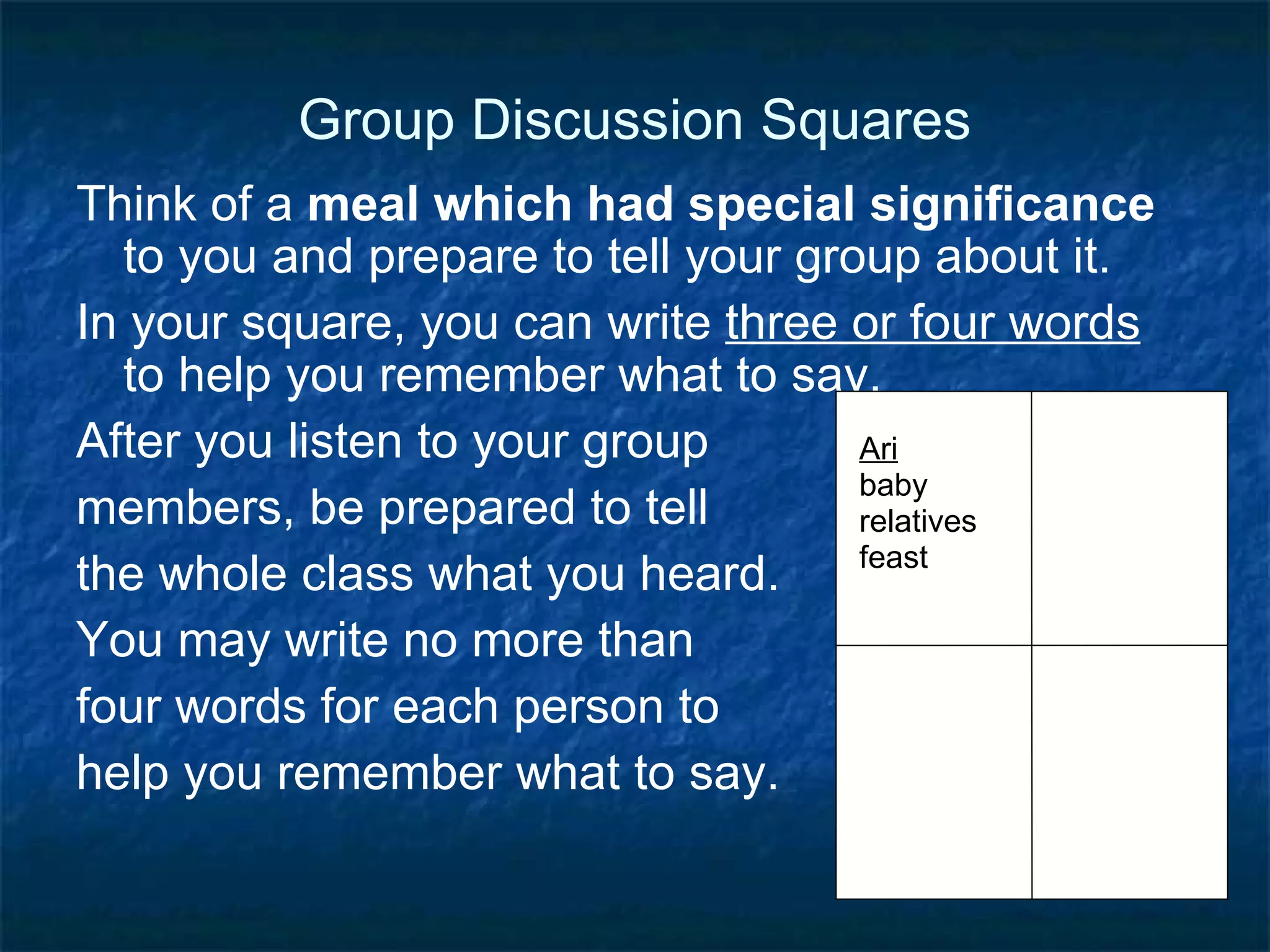 Group Discussion Squares Make the sure the question is a good one for your students:  Interest Proficiency Why use the squares?  Why  write cues? Why not allow more writing? Why have a “report” phase? Ari baby relatives feast 