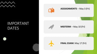 IMPORTANT
DATES
ASSSIGNMENTS – May 3 (Fri)
MIDTERM – May 10 (Fri)
FINAL EXAM: May 17 (Fri)
 