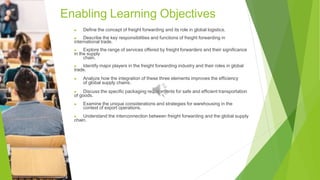 Enabling Learning Objectives
▶ Define the concept of freight forwarding and its role in global logistics.
▶ Describe the key responsibilities and functions of freight forwarding in
international trade.
▶ Explore the range of services offered by freight forwarders and their significance
in the supply
chain.
▶ Identify major players in the freight forwarding industry and their roles in global
trade.
▶ Analyze how the integration of these three elements improves the efficiency
of global supply chains.
▶ Discuss the specific packaging requirements for safe and efficient transportation
of goods.
▶ Examine the unique considerations and strategies for warehousing in the
context of export operations.
▶ Understand the interconnection between freight forwarding and the global supply
chain.
 