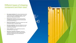 Different types of shipping
containers and their uses:
▶ Dry cargo containers: Dry cargo containers are the
most common type of shipping container. They are
used to transport non-perishable goods such as
electronics, clothing, and furniture.
▶ Refrigerated containers: Refrigerated shipping
containers are used to transport perishable goods
such as food and flowers.
▶ Open-top containers: Open-top containers are used
to transport bulky or oversized cargo.
▶ Flat rack containers: Flat rack containers are used
to transport cargo that cannot be stacked, such as
machinery and vehicles.
▶ Tank containers: Tank containers are used to
transport liquid or gas cargo.
▶ Hazardous materials containers: Hazardous
materials containers are used to safely transport
hazardous materials such as chemicals and
flammable liquids.
 