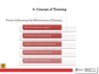 8. Concept of Training
Factors Influencing the Effectiveness of Training
Top management support
Acceptance of participants
Adoption of continuous process
Technological advancement
Type and time of training
 