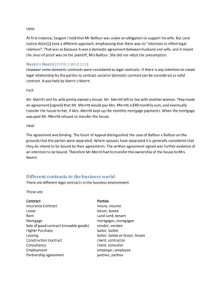 Held:
At first instance, Sargant J held that Mr Balfour was under an obligation to support his wife. But Lord
Justice Atkin[2] took a different approach, emphasising that there was no "intention to effect legal
relations". That was so because it was a domestic agreement between husband and wife, and it meant
the onus of proof was on the plaintiff, Mrs Balfour. She did not rebut the presumption.
Merrit v Merrit [1970] 1 WLR 1211
However some domestic contracts were considered as legal contracts. If there is any intention to create
legal relationship by the parties to contract social or domestic contract can be considered as valid
contract. It was held by Merrit v Merrit.
Fact:
Mr. Merritt and his wife jointly owned a house. Mr. Merritt left to live with another woman. They made
an agreement (signed) that Mr. Merritt would pay Mrs. Merritt a £40 monthly sum, and eventually
transfer the house to her, if Mrs. Merritt kept up the monthly mortgage payments. When the mortgage
was paid Mr. Merritt refused to transfer the house.
Held:
The agreement was binding. The Court of Appeal distinguished the case of Balfour v Balfour on the
grounds that the parties were separated. Where spouses have separated it is generally considered that
they do intend to be bound by their agreements. The written agreement signed was further evidence of
an intention to be bound. Therefore Mr Merrit had to transfer the ownership of the house to Mrs
Merrit.
Different contracts in the business world
There are different legal contracts in the business environment.
Those are;
Contract Parties
Insurance Contract insure, insuree
Lease lessor, lessee
Rent Land Lord, tenant
Mortgage mortgagor, mortgagee
Sale of good contract (movable goods) vendor, vendee
Higher Purchase bailor, bailee
Leasing bailor, bailee or lessor, lessee
Construction Contract client, contractor
Consultancy client, consulter
Employment employer, employee
Partnership agreement partner, partner
 
