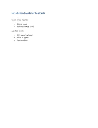 Jurisdiction Courts for Contracts
Courts of first instance:
 District court
 Commercial high courts
Appellate courts:
 Civil appeal high court
 Court of appeal
 Supreme Court
 