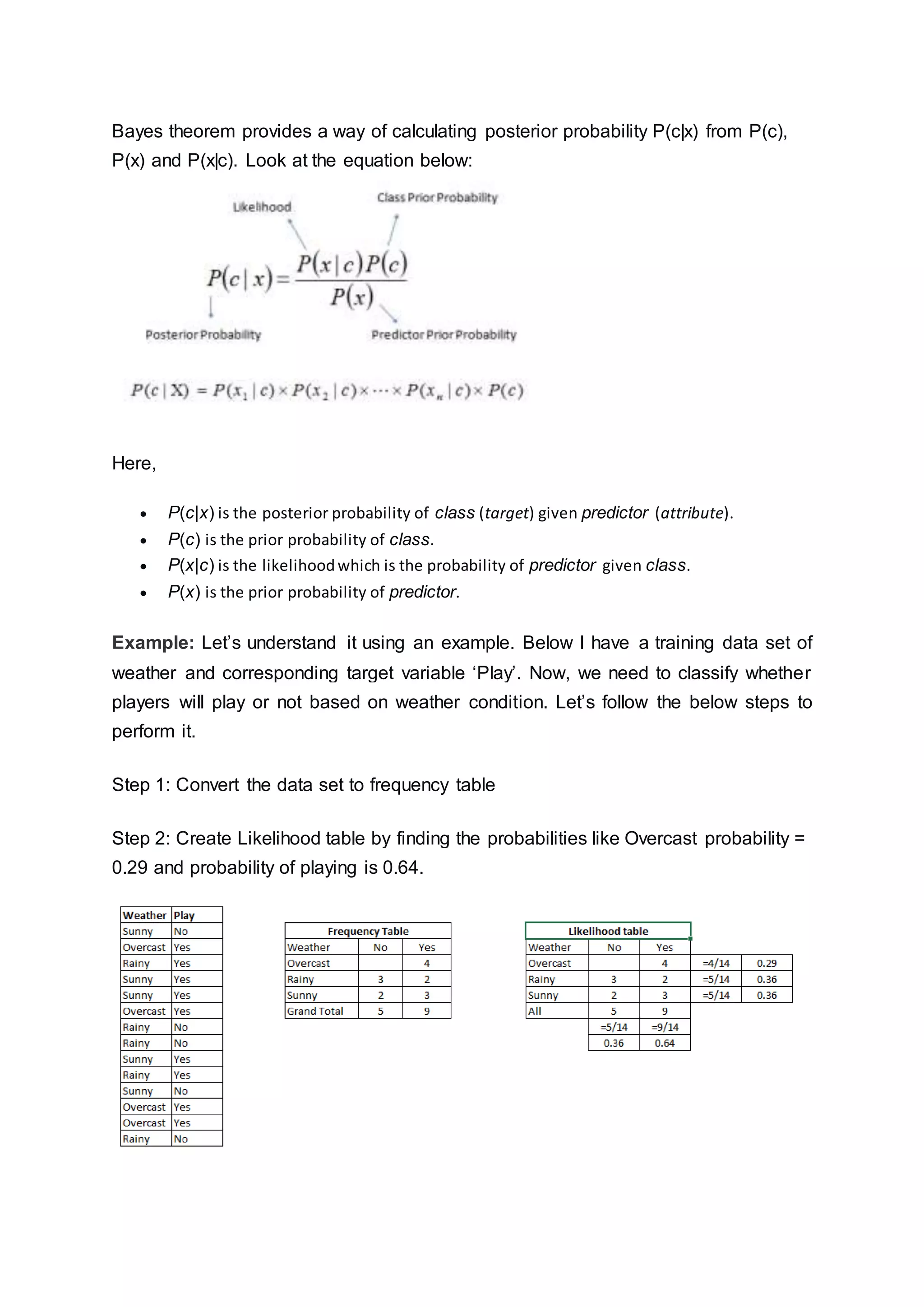 Bayes theorem provides a way of calculating posterior probability P(c|x) from P(c),
P(x) and P(x|c). Look at the equation below:
Here,
 P(c|x) is the posterior probability of class (target) given predictor (attribute).
 P(c) is the prior probability of class.
 P(x|c) is the likelihoodwhich is the probability of predictor given class.
 P(x) is the prior probability of predictor.
Example: Let’s understand it using an example. Below I have a training data set of
weather and corresponding target variable ‘Play’. Now, we need to classify whether
players will play or not based on weather condition. Let’s follow the below steps to
perform it.
Step 1: Convert the data set to frequency table
Step 2: Create Likelihood table by finding the probabilities like Overcast probability =
0.29 and probability of playing is 0.64.
 