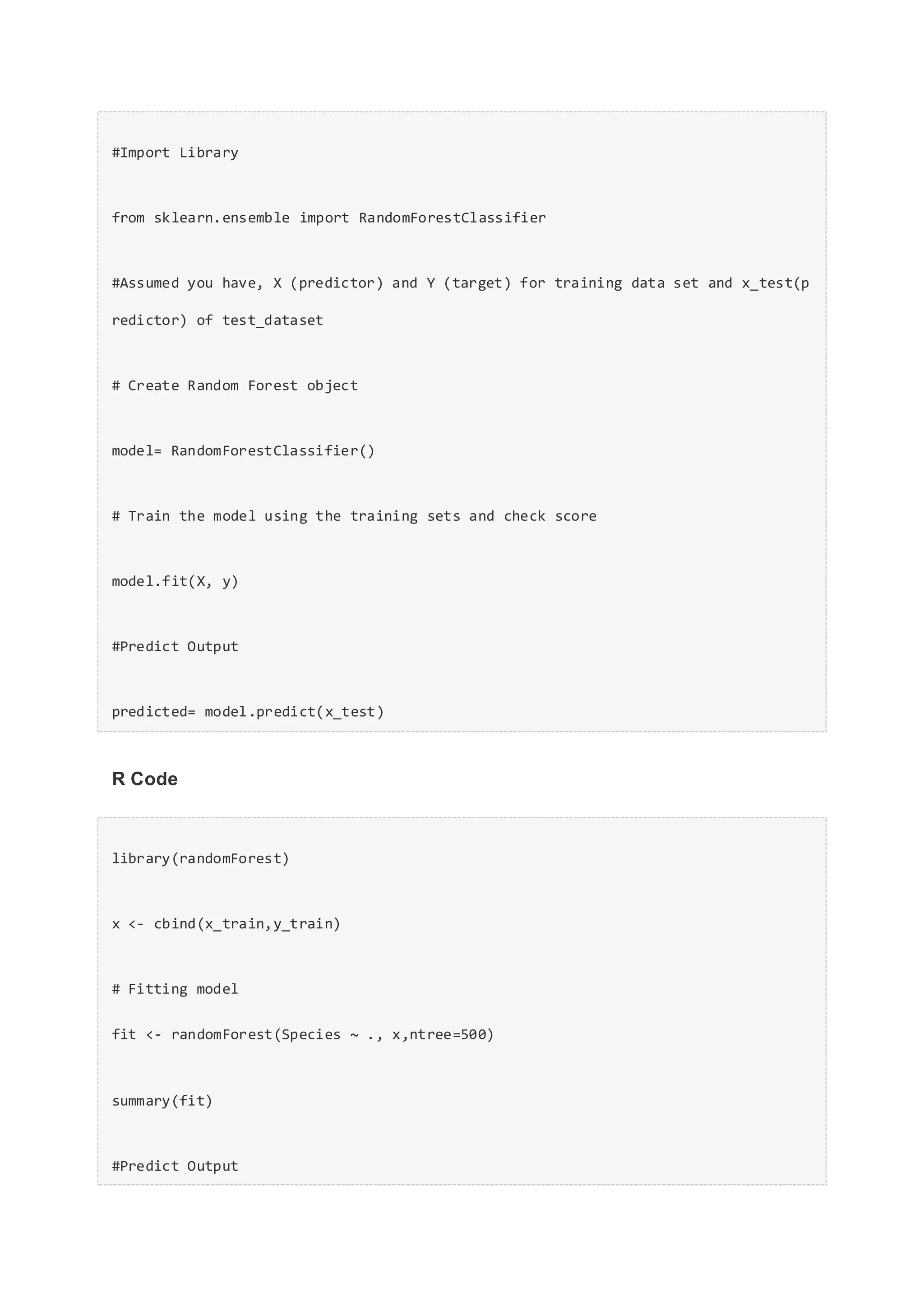 #Import Library
from sklearn.ensemble import RandomForestClassifier
#Assumed you have, X (predictor) and Y (target) for training data set and x_test(p
redictor) of test_dataset
# Create Random Forest object
model= RandomForestClassifier()
# Train the model using the training sets and check score
model.fit(X, y)
#Predict Output
predicted= model.predict(x_test)
R Code
library(randomForest)
x <- cbind(x_train,y_train)
# Fitting model
fit <- randomForest(Species ~ ., x,ntree=500)
summary(fit)
#Predict Output
 