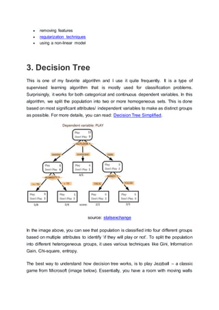  removing features
 regularization techniques
 using a non-linear model
3. Decision Tree
This is one of my favorite algorithm and I use it quite frequently. It is a type of
supervised learning algorithm that is mostly used for classification problems.
Surprisingly, it works for both categorical and continuous dependent variables. In this
algorithm, we split the population into two or more homogeneous sets. This is done
based on most significant attributes/ independent variables to make as distinct groups
as possible. For more details, you can read: Decision Tree Simplified.
source: statsexchange
In the image above, you can see that population is classified into four different groups
based on multiple attributes to identify ‘if they will play or not’. To split the population
into different heterogeneous groups, it uses various techniques like Gini, Information
Gain, Chi-square, entropy.
The best way to understand how decision tree works, is to play Jezzball – a classic
game from Microsoft (image below). Essentially, you have a room with moving walls
 