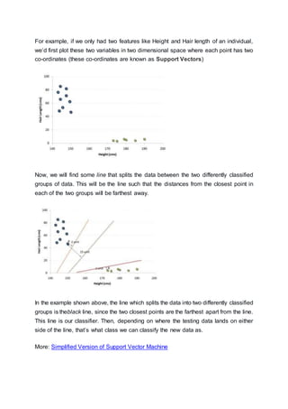 For example, if we only had two features like Height and Hair length of an individual,
we’d first plot these two variables in two dimensional space where each point has two
co-ordinates (these co-ordinates are known as Support Vectors)
Now, we will find some line that splits the data between the two differently classified
groups of data. This will be the line such that the distances from the closest point in
each of the two groups will be farthest away.
In the example shown above, the line which splits the data into two differently classified
groups is theblack line, since the two closest points are the farthest apart from the line.
This line is our classifier. Then, depending on where the testing data lands on either
side of the line, that’s what class we can classify the new data as.
More: Simplified Version of Support Vector Machine
 