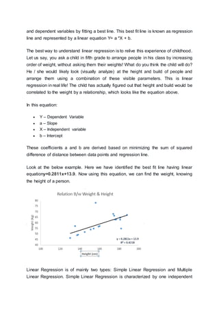 and dependent variables by fitting a best line. This best fit line is known as regression
line and represented by a linear equation Y= a *X + b.
The best way to understand linear regression is to relive this experience of childhood.
Let us say, you ask a child in fifth grade to arrange people in his class by increasing
order of weight, without asking them their weights! What do you think the child will do?
He / she would likely look (visually analyze) at the height and build of people and
arrange them using a combination of these visible parameters. This is linear
regression in real life! The child has actually figured out that height and build would be
correlated to the weight by a relationship, which looks like the equation above.
In this equation:
 Y – Dependent Variable
 a – Slope
 X – Independent variable
 b – Intercept
These coefficients a and b are derived based on minimizing the sum of squared
difference of distance between data points and regression line.
Look at the below example. Here we have identified the best fit line having linear
equationy=0.2811x+13.9. Now using this equation, we can find the weight, knowing
the height of a person.
Linear Regression is of mainly two types: Simple Linear Regression and Multiple
Linear Regression. Simple Linear Regression is characterized by one independent
 