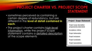 130
PROJECT CHARTER VS. PROJECT SCOPE
STATEMENT
• sometimes perceived as containing a
certain degree of redundancy, but are
different in the level of detail contained in
each.
• The project charter contains high-level
information, while the project scope
statement contains a detailed description
of the scope elements
 