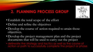 2. PLANNING PROCESS GROUP
•Establish the total scope of the effort
•Define and refine the objectives
•Develop the course of action required to attain those
objectives.
•Develop the project management plan and the project
documents that will be used to carry out the project
• delineate the strategy and tactics as well as the course of
action or path to successfully complete the project or phase
58
 