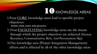 10KNOWLEDGE AREAS
1.Four CORE knowledge areas lead to specific project
objectives:
(SCOPE, TIME, COST, AND QUALITY)
2. Four FACILITATING knowledge areas are the means
through which the project objectives are achieved (Human
Resources, Communication, Risk, And Procurement Mgt)
3.One knowledge area (Project Integration Management)
affects and is affected by all of the other knowledge areas
 