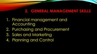 2. GENERAL MANAGEMENT SKILLS
1. Financial management and
Accounting
2. Purchasing and Procurement
3. Sales and Marketing
4. Planning and Control
70
 