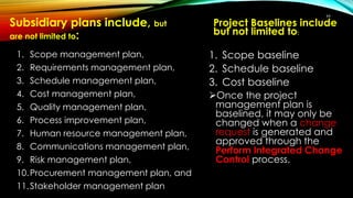 99
Project Baselines include
but not limited to:
1. Scope baseline
2. Schedule baseline
3. Cost baseline
Once the project
management plan is
baselined, it may only be
changed when a change
request is generated and
approved through the
Perform Integrated Change
Control process.
Subsidiary plans include, but
are not limited to:
1. Scope management plan,
2. Requirements management plan,
3. Schedule management plan,
4. Cost management plan,
5. Quality management plan,
6. Process improvement plan,
7. Human resource management plan,
8. Communications management plan,
9. Risk management plan,
10.Procurement management plan, and
11.Stakeholder management plan
 