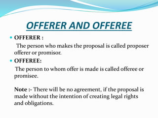 OFFERER AND OFFEREE
 OFFERER :
The person who makes the proposal is called proposer
offerer or promisor.
 OFFEREE:
The person to whom offer is made is called offeree or
promisee.
Note :- There will be no agreement, if the proposal is
made without the intention of creating legal rights
and obligations.
 