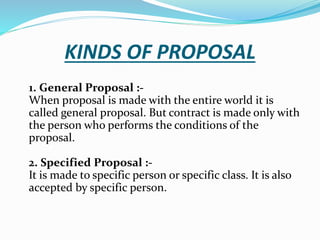 KINDS OF PROPOSAL
1. General Proposal :-
When proposal is made with the entire world it is
called general proposal. But contract is made only with
the person who performs the conditions of the
proposal.
2. Specified Proposal :-
It is made to specific person or specific class. It is also
accepted by specific person.
 