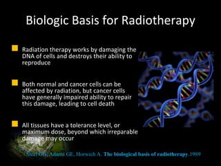 Biologic Basis for Radiotherapy
 Radiation therapy works by damaging the
DNA of cells and destroys their ability to
reproduce
 Both normal and cancer cells can be
affected by radiation, but cancer cells
have generally impaired ability to repair
this damage, leading to cell death
 All tissues have a tolerance level, or
maximum dose, beyond which irreparable
damage may occur
Steel GG, Adams GE, Horwich A. The biological basis of radiotherapy.1989
 