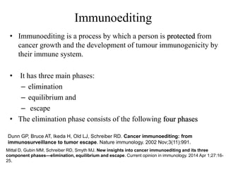 Immunoediting
• Immunoediting is a process by which a person is protected from
cancer growth and the development of tumour immunogenicity by
their immune system.
• It has three main phases:
– elimination
– equilibrium and
– escape
• The elimination phase consists of the following four phases
Dunn GP, Bruce AT, Ikeda H, Old LJ, Schreiber RD. Cancer immunoediting: from
immunosurveillance to tumor escape. Nature immunology. 2002 Nov;3(11):991.
Mittal D, Gubin MM, Schreiber RD, Smyth MJ. New insights into cancer immunoediting and its three
component phases—elimination, equilibrium and escape. Current opinion in immunology. 2014 Apr 1;27:16-
25.
 