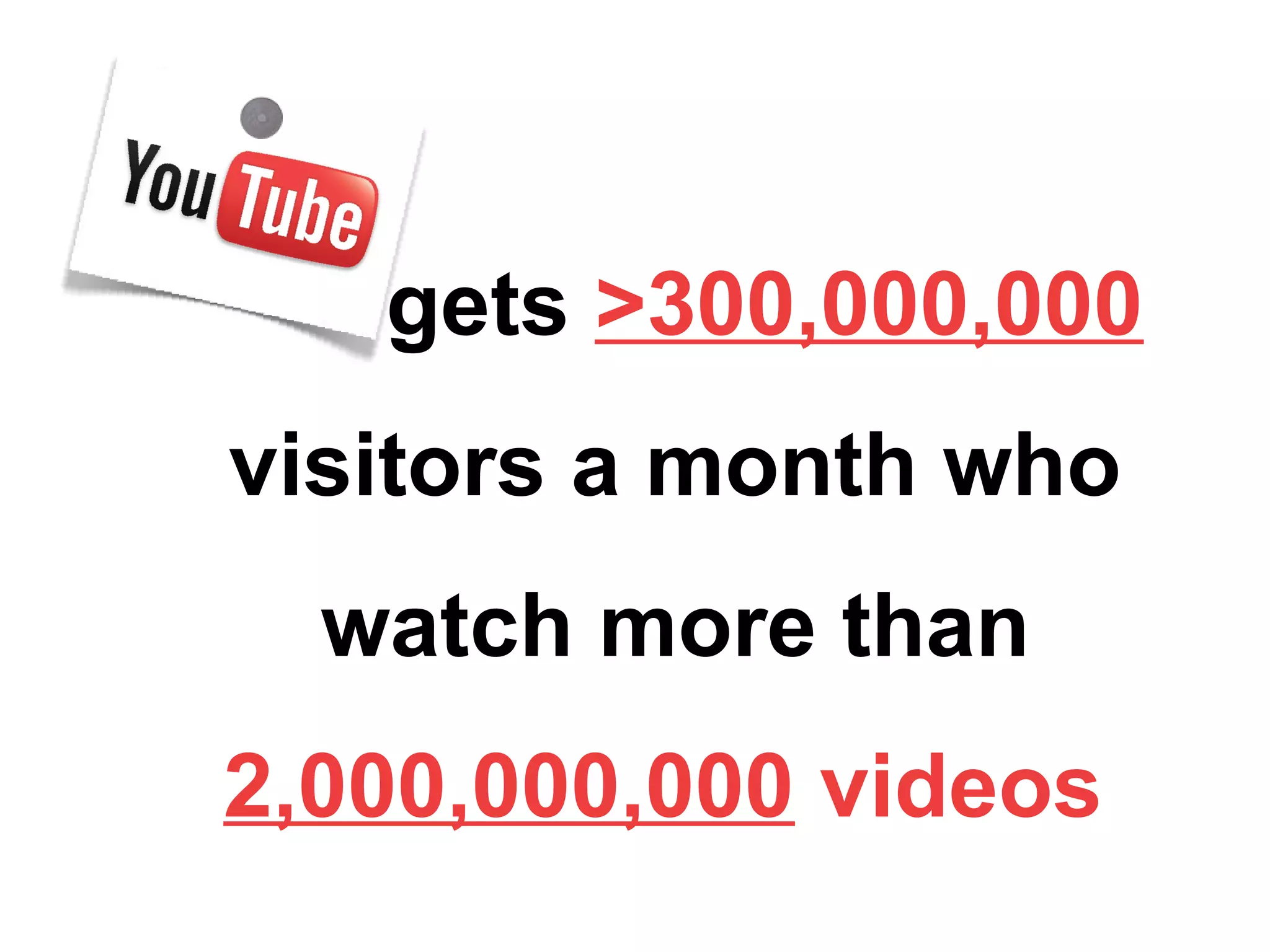 gets >300,000,000
visitors a month who
  watch more than
2,000,000,000 videos
 