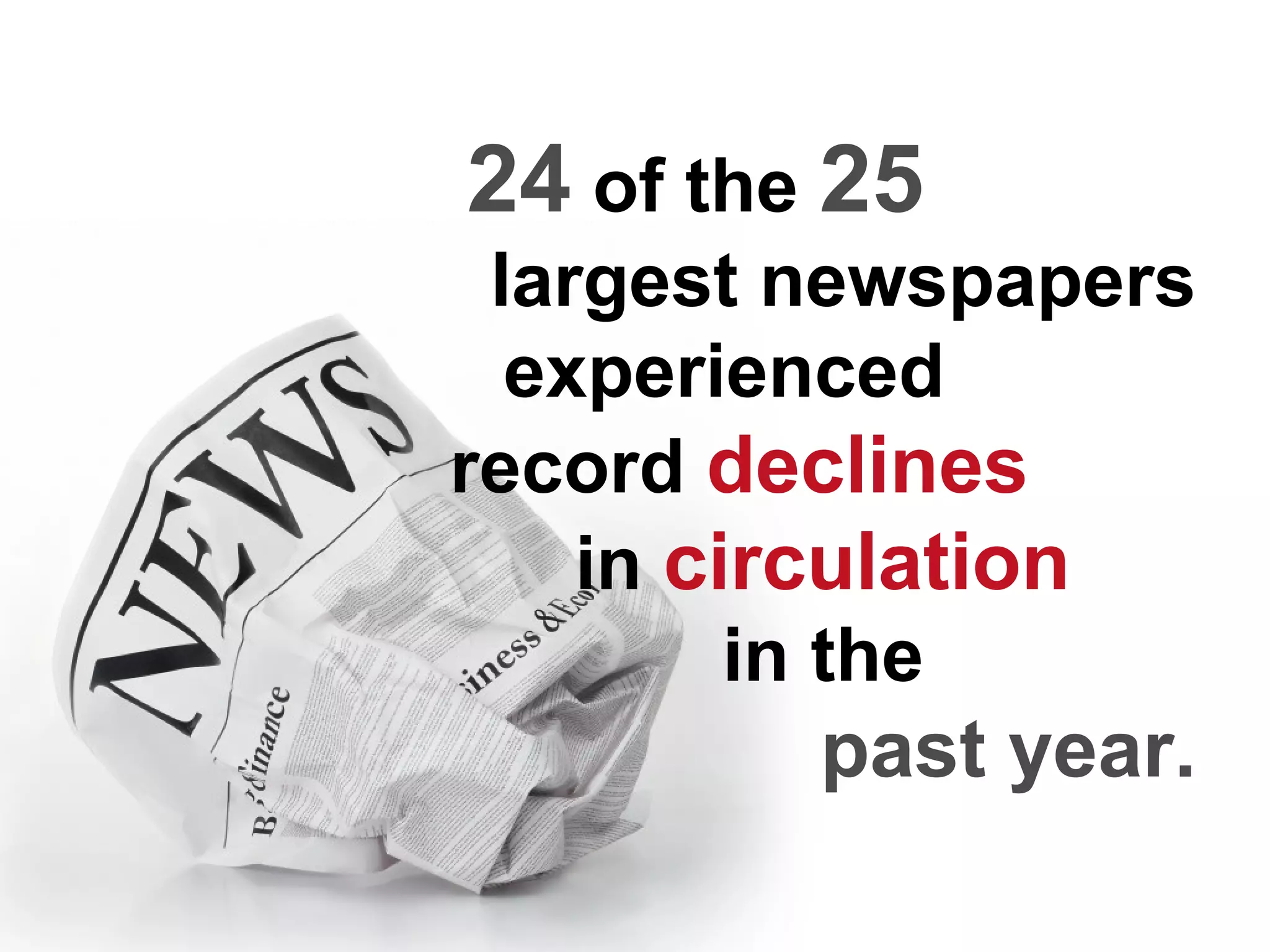 24 of the 25
 largest newspapers
  experienced
record declines
    in circulation
         in the
         past year.
 