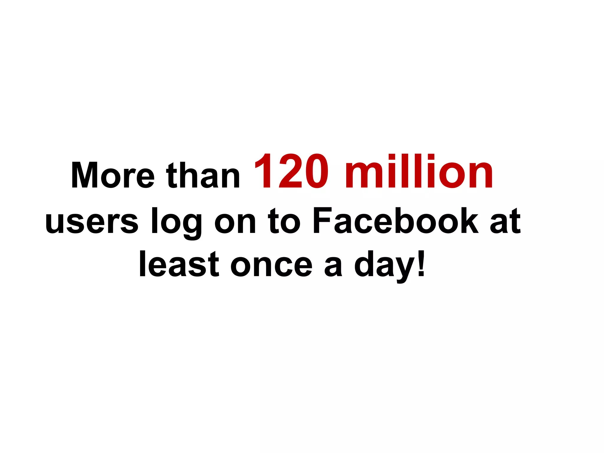 More than 120 million
users log on to Facebook at
     least once a day!
 