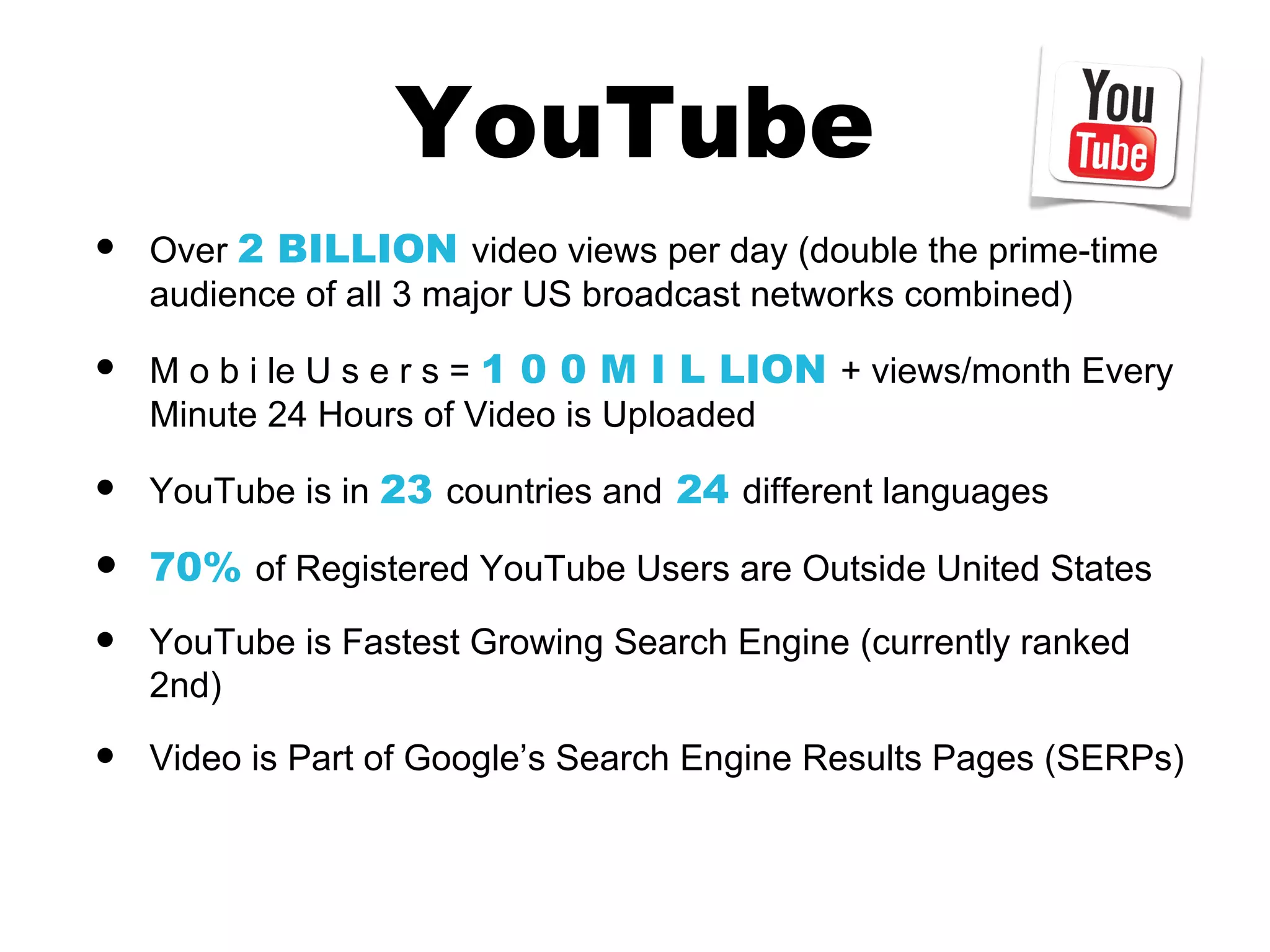 YouTube
•   Over 2 BILLION video views per day (double the prime-time
    audience of all 3 major US broadcast networks combined)

•   M o b i le U s e r s = 1 0 0 M I L LION + views/month Every
    Minute 24 Hours of Video is Uploaded

•   YouTube is in 23 countries and 24 different languages

•   70% of Registered YouTube Users are Outside United States

•   YouTube is Fastest Growing Search Engine (currently ranked
    2nd)

•   Video is Part of Googleʼs Search Engine Results Pages (SERPs)
 