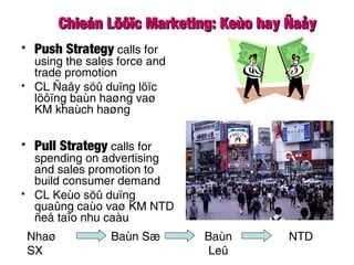Chieán Löôïc Marketing: Keùo hay ÑaåyChieán Löôïc Marketing: Keùo hay Ñaåy
 Push Strategy calls for
using the sales force and
trade promotion
 CL Ñaåy söû duïng löïc
löôïng baùn haøng vaø
KM khaùch haøng
 Pull Strategy calls for
spending on advertising
and sales promotion to
build consumer demand
 CL Keùo söû duïng
quaûng caùo vaø KM NTD
ñeå taïo nhu caàu
Nhaø
SX
Baùn Sæ Baùn
Leû
NTD
 