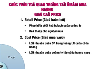 CAÙC YEÁU TOÁ QUAN TROÏNG TAÏI ÑIEÅM MUACAÙC YEÁU TOÁ QUAN TROÏNG TAÏI ÑIEÅM MUA
HAØNGHAØNG
GIAÙ CAÛ PRICEGIAÙ CAÛ PRICE
OP
Price
1. Retail Price (Giaù baùn leû)
• Phuø hôïp vôùi keá hoïach cuûa coâng ty
• Deã thaáy cho ngöôøi mua
2. Cost Price (Giaù mua vaøo)
• Lôïi nhuaän cuûa SP trong toång LN cuûa cöûa
haøng
• Lôïi nhuaän cuûa coâng ty töø cöûa haøng naøy
 