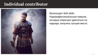 This content is from rework.withgoogle.com (the "Website") and may be used for non-commercial purposes in accordance with the terms of use set forth on the Website.
Individual contributor
Использует Soft skills.
Надпрофессиональные навыки,
которые помогают двигаться по
карьере, получить лучшее место.
 