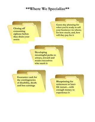 **Where We Specialize**


                                          Game-day planning for
Closing off                               when you’re ready to sell
                                          your business—to whom;
consuming
                                          for how much; and, how
siphons before                            will they pay for it
they drain your
assets




                    Developing
                    meaningful perks to
                    attract, reward and
                    retain executives
                    who merit it




   Guarantee cash for
   the contingencies
   of disability, death                   Blueprinting for
   and lost earnings                      retirement or later-
                                          life restart…with
                                          enough money to
                                          experience it
 