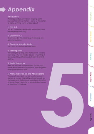 Appendix




                                                          Introduction
Introduction
These appendices provide an ongoing useful
source of instant information – come to this section
to clarify anything you’re unclear about!

1. TEFL A-Z
TEFL A-Z covers all the common terms associated
with language teaching.




                                                          How To Teach
2. Grammar A-Z
Grammar A-Z is the place to go to clear up any
grammar question.

3. Common Irregular Verbs
This is a list of common irregular verbs

4. Spelling Rules
This lists English spelling rules that students need to




                                                          Activities
know (e.g. why you need a double t in getting). It
also looks at key differences between UK and US
spelling.

5. Useful Resources
Here you’ll find recommendations for print and
online resources to find information, teaching ideas
and opportunities for work.




                                                          Lesson Plans
6. Phonemic Symbols and Abbreviations
These are the symbols you can use to represent
sounds, so you can highlight particular sounds on
the board, and students can record pronunciation
of words. There’s also a list of abbreviations we use
as shorthand in this book.



                                                          Grammar
                                                          Appendix
 