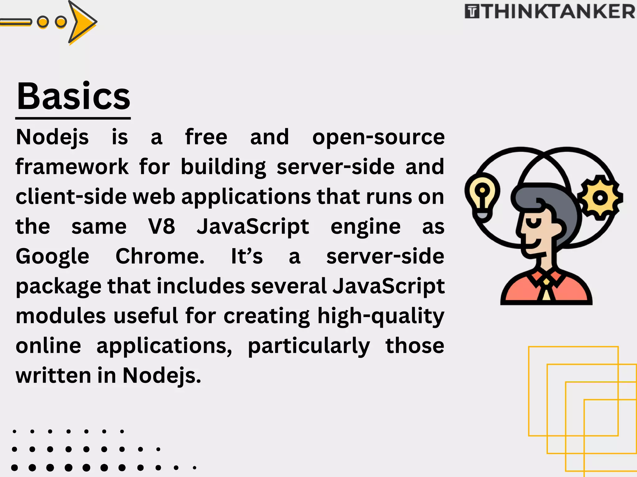 Nodejs is a free and open-source
framework for building server-side and
client-side web applications that runs on
the same V8 JavaScript engine as
Google Chrome. It’s a server-side
package that includes several JavaScript
modules useful for creating high-quality
online applications, particularly those
written in Nodejs.
Basics
 
