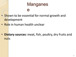 Manganes
e
35
• Shown to be essential for normal growth and
development
• Role in human health unclear
• Dietary sources: meat, fish, poultry, dry fruits and
nuts
 